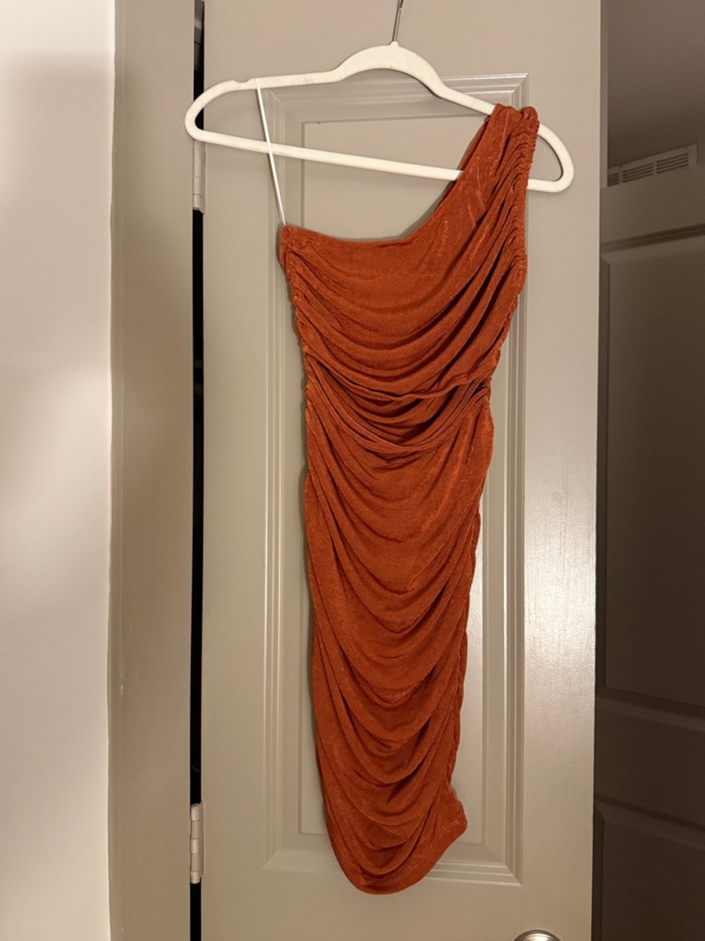 Hello Molly One-Shoulder Draped Rust Dress